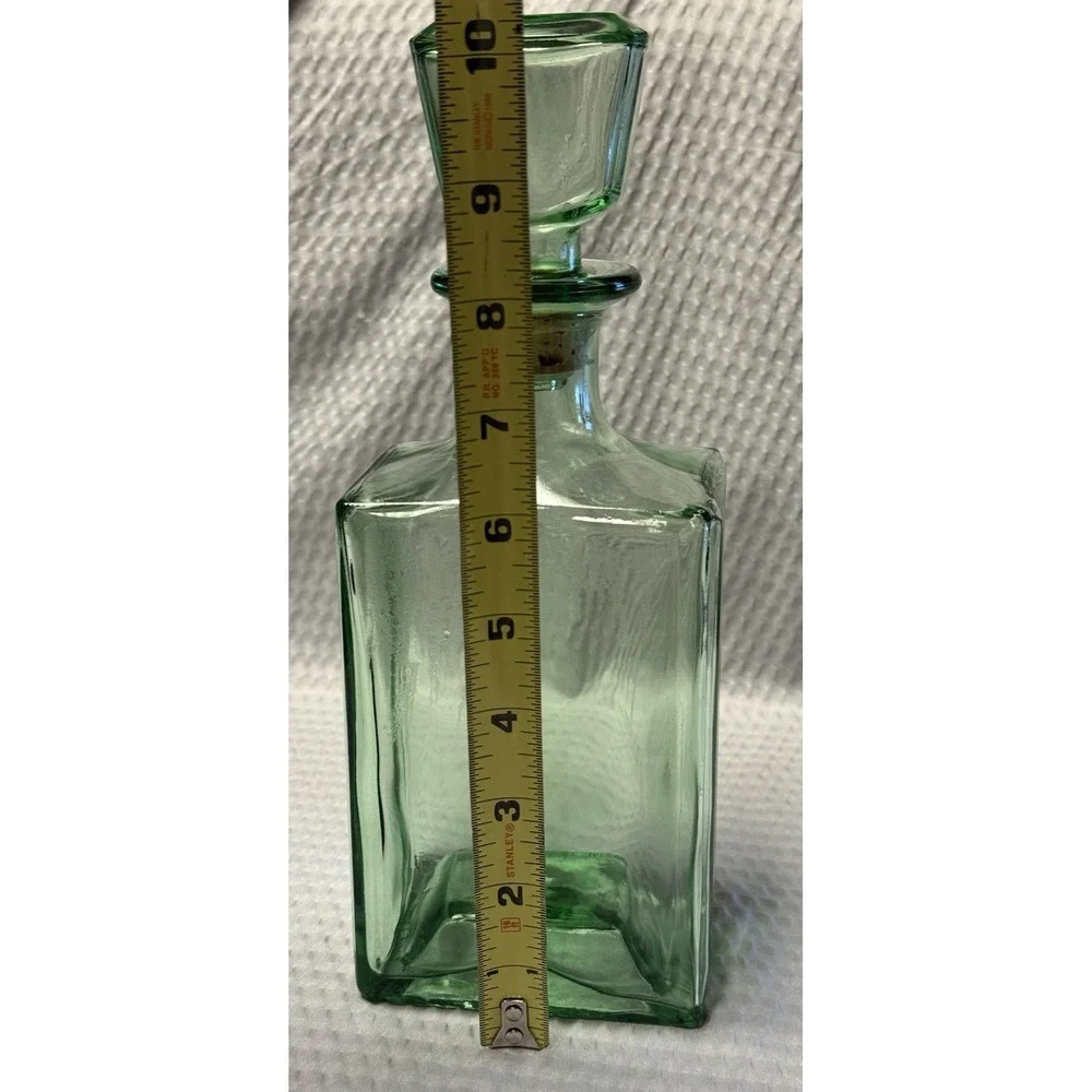 Vintage MCM Green Glass Decanter with Stopper Square Barware Collectibles 10